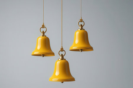 Three gold bells hanging on a gray background. 3D rendering.の素材