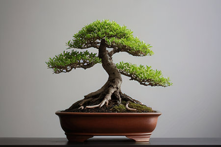 bonsai tree in pot on gray background. bonsai treeの素材