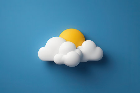 Sun and clouds isolated on blue background. 3d render illustration.の素材