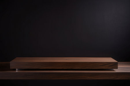 Wooden shelf on black wall background. Mock up, 3D Renderingの素材