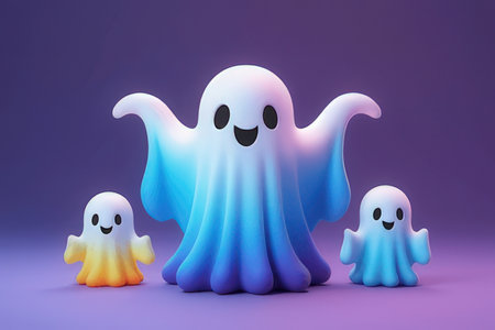 3d illustration of cute Halloween ghost characters isolated on violet background.の素材