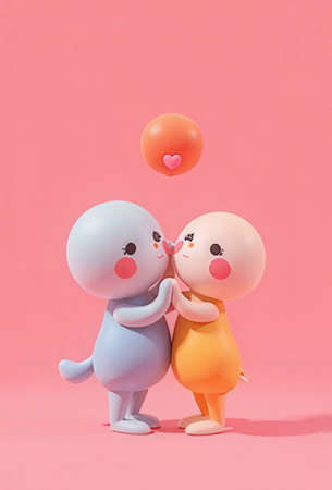 Couple in love holding balloon on pink background, valentines day conceptの素材