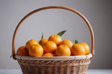 Ripe tangerines in a wicker basket on a gray backgroundの素材