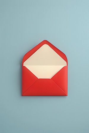 Red Envelope with white paper on blue background, top viewの素材