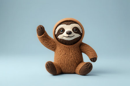 Cute sloth toy on blue background, 3d illustration.の素材