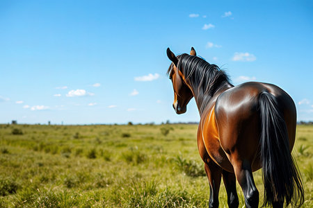 Horse in the field on sunny day. Beautiful horse in the meadowの素材