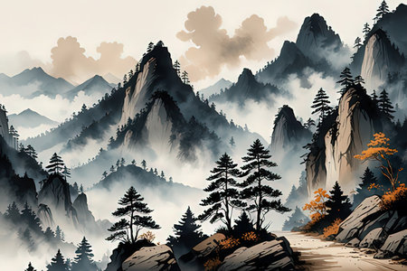 Landscape with mountains and forest. Digital art painting. Vector illustration.の素材