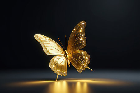 3d rendering of a golden butterfly on a black background with a spotlightの素材