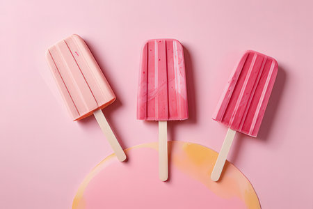 Colorful popsicles on pink background. Top view, flat layの素材