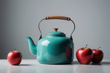 Teapot and red apples on gray background. Space for textの素材