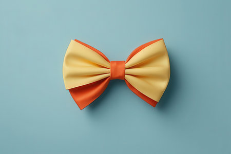 Orange bow tie on blue background, top view. 3d renderの素材