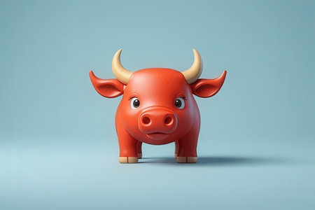 Funny red toy bull on a blue background. 3d renderingの素材