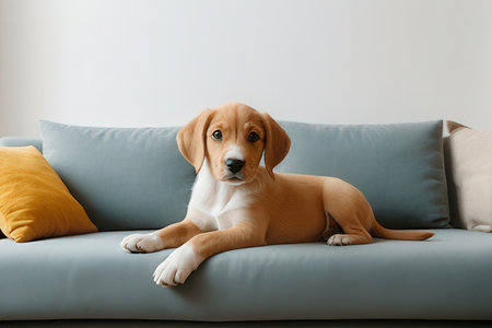 Cute beagle dog on sofa at home, space for textの素材