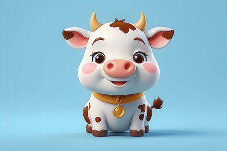 Cute cartoon cow with gold medal on blue background. 3D renderingの素材