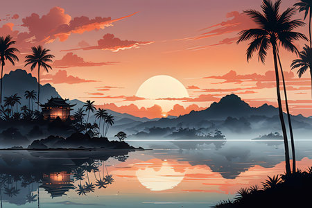 Beautiful sunrise over the sea with a house and palm trees. Vector illustration.のeditorial素材