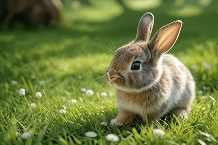 Cute little rabbit on green grass in park. Easter holiday conceptの素材