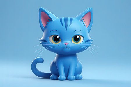 Cute blue cat isolated on blue background. 3D rendering.の素材