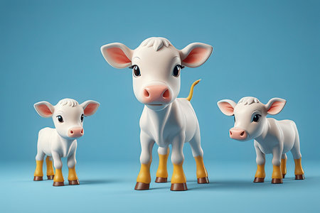 Three white cows standing in a row on a blue background. 3d renderingの素材