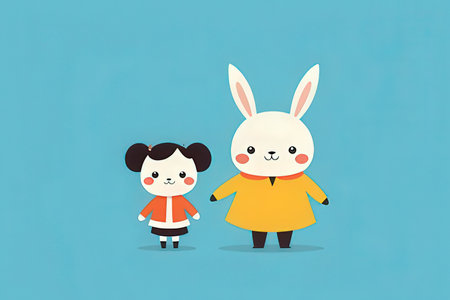 Rabbit and girl holding hands on blue background. Vector illustration.の素材