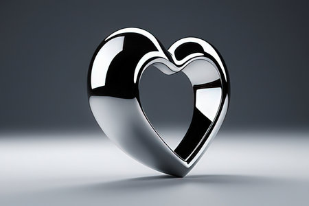 Silver heart on a gray background. 3D rendering. Computer digital drawing.の素材