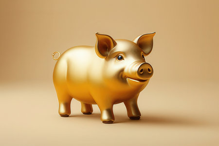 Golden piggy bank on a beige background. 3d renderingの素材