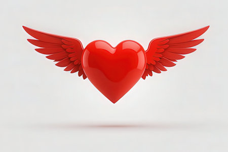Red heart with wings isolated on white background. 3D illustration.の素材