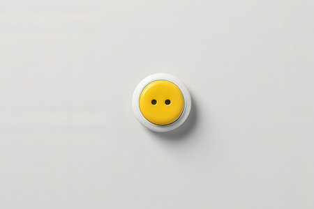 Yellow button on a white wall. 3d rendering. Computer digital drawing.の素材