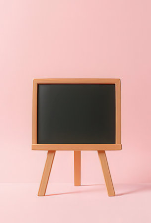 Blank blackboard on wooden stand on pastel pink background. Education concept.の素材