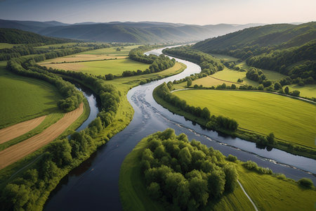 Aerial view of river and green forest. Beautiful summer landscape.の素材