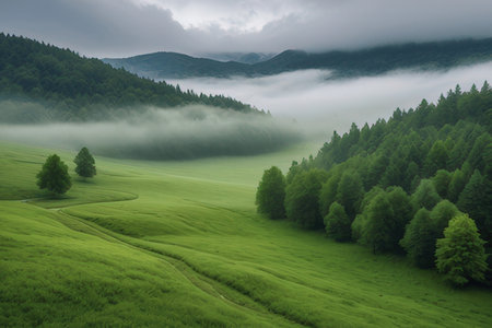 Misty morning in the mountains, Carpathians, Ukraine.の素材