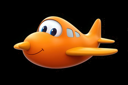 Illustration of an orange cartoon airplane with smiley face on black backgroundの素材
