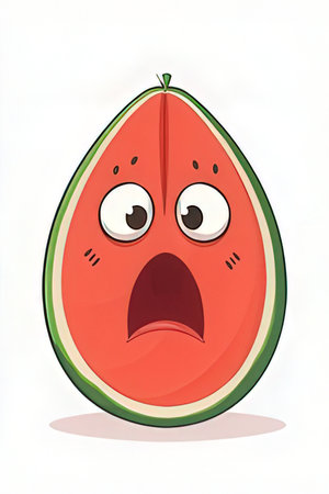Illustration of a watermelon with a surprised face on a white backgroundの素材