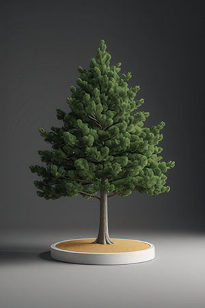 Pine tree in front of gray background. 3D rendering.の素材