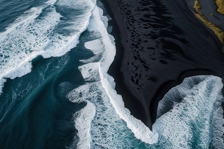 Aerial view of black volcanic sand beach with ocean waves in Icelandの素材
