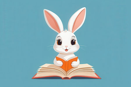 Cute cartoon rabbit reading a book on blue background. Vector illustration.の素材