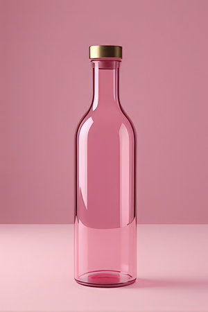 Empty glass bottle on a pink background.の素材