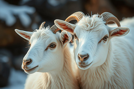 Two white goats with horns on the background of snow-capped mountainsの素材