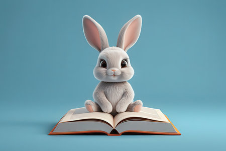 Easter bunny sitting on a book, 3d illustration, blue backgroundの素材