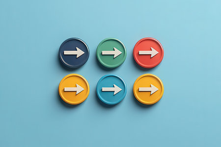 3d rendering of colorful arrows in a row isolated on blue backgroundの素材