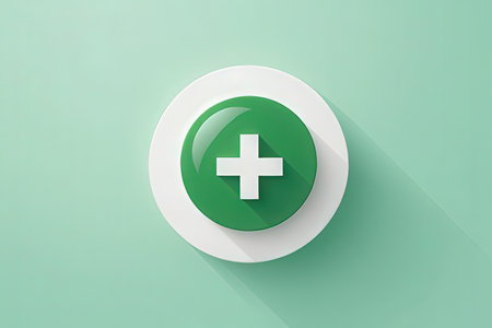Flat long shadow icon of medical cross on green background with shadowの素材