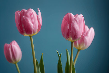 Three pink tulips on a blue background. Beautiful spring flowers.の素材