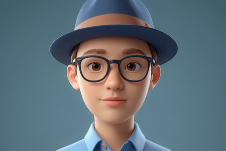 Portrait of a young man with glasses and a hat. 3d renderingの素材