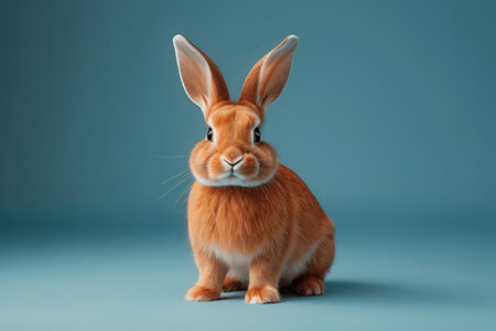 Cute red rabbit on blue background. Easter concept. Copy space.の素材
