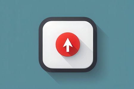Red arrow icon with long shadow on blue background, web design.の素材