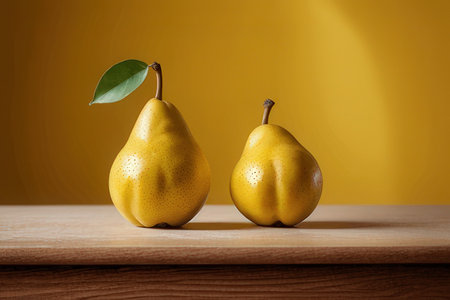 Ripe pears on a wooden table on a yellow background.の素材