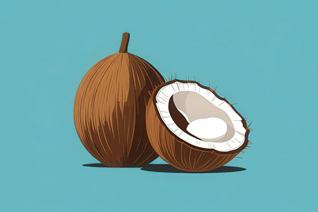 Illustration of two coconuts on a light blue background.の素材