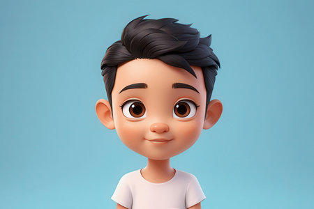 3d rendering of a cute little boy with black hair on blue backgroundの素材
