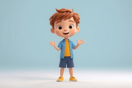 3d rendering of a cute little boy standing in a blue backgroundの素材