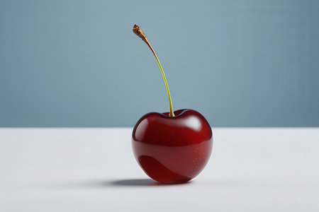Red cherry on a white table and blue background. 3d renderingの素材