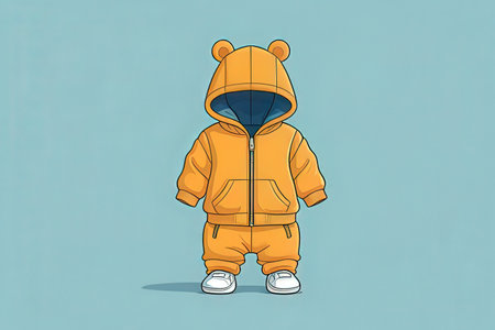 Cartoon illustration of a little boy in an orange outfit with a hoodの素材